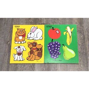 Lot of 2 Vintage Playskool Wood Puzzles Fruits I Like My Pets